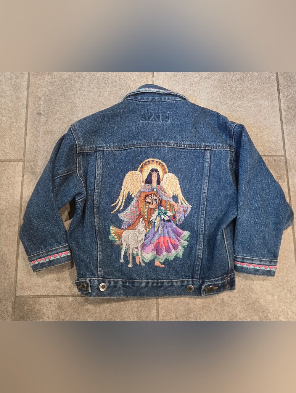 Vintage 90s Embroidered Denim Jacket XS Angel Wolf Wearable Art Cottagecore